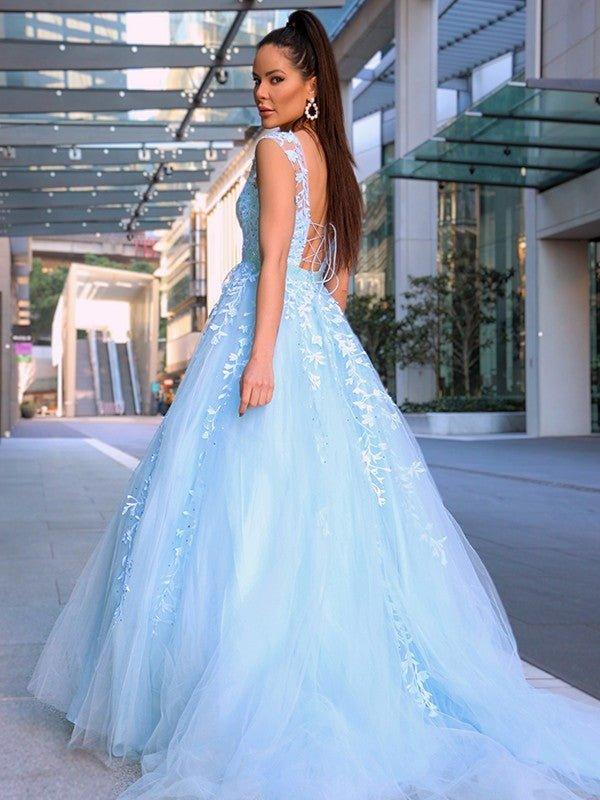 NumberSea - A - Line/Princess Scoop Sleeveless Tulle Applique Court Train Dresses