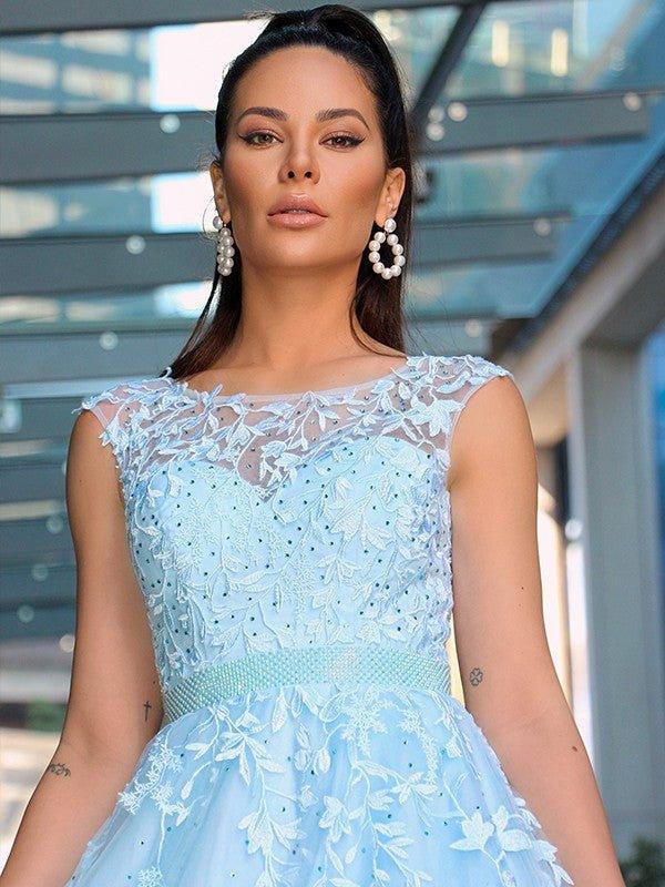 NumberSea - A - Line/Princess Scoop Sleeveless Tulle Applique Court Train Dresses