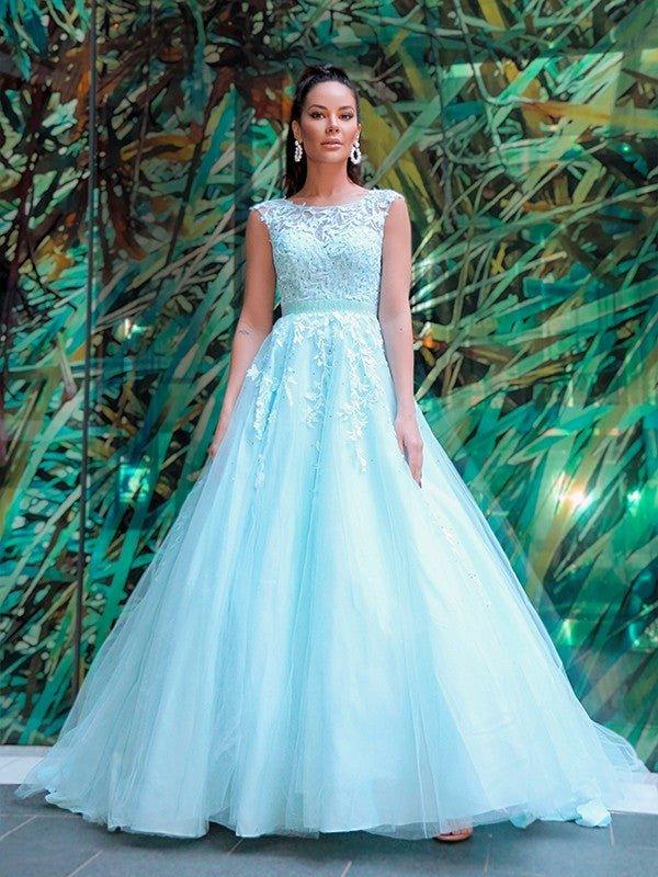 NumberSea - A - Line/Princess Scoop Sleeveless Tulle Applique Court Train Dresses
