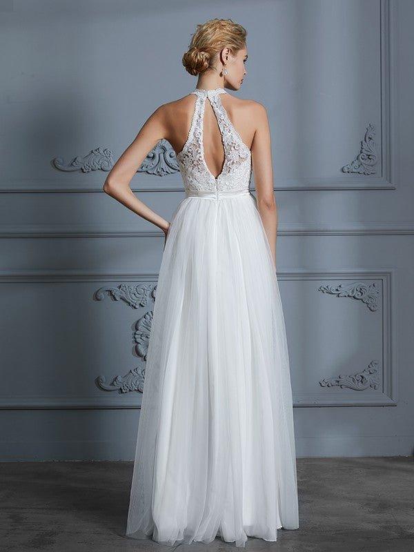 NumberSea - A - Line/Princess Scoop Sleeveless Tulle Floor - Length Wedding Dresses