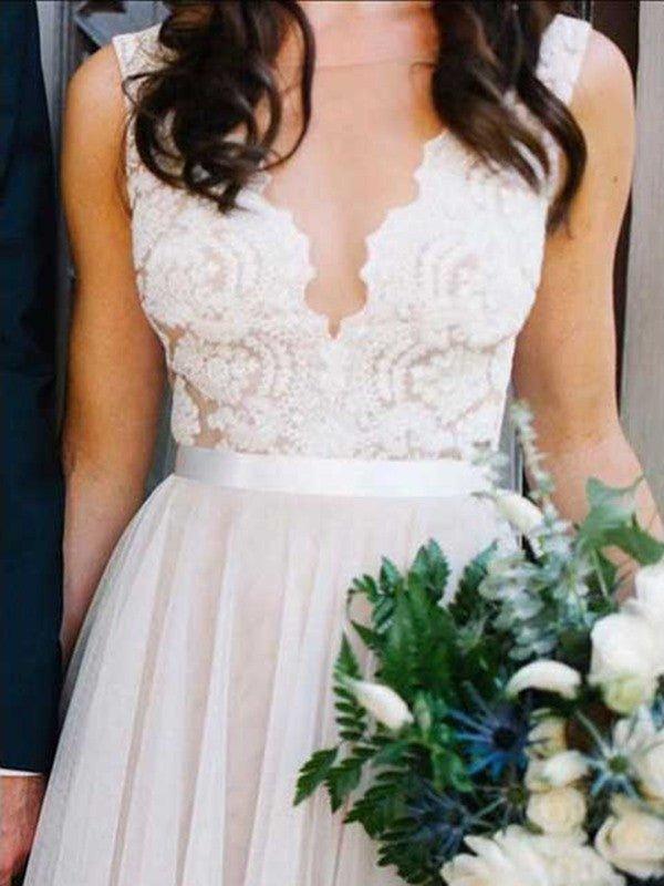NumberSea - A - Line/Princess Scoop Sweep/Brush Train Sleeveless Lace Tulle Wedding Dresses