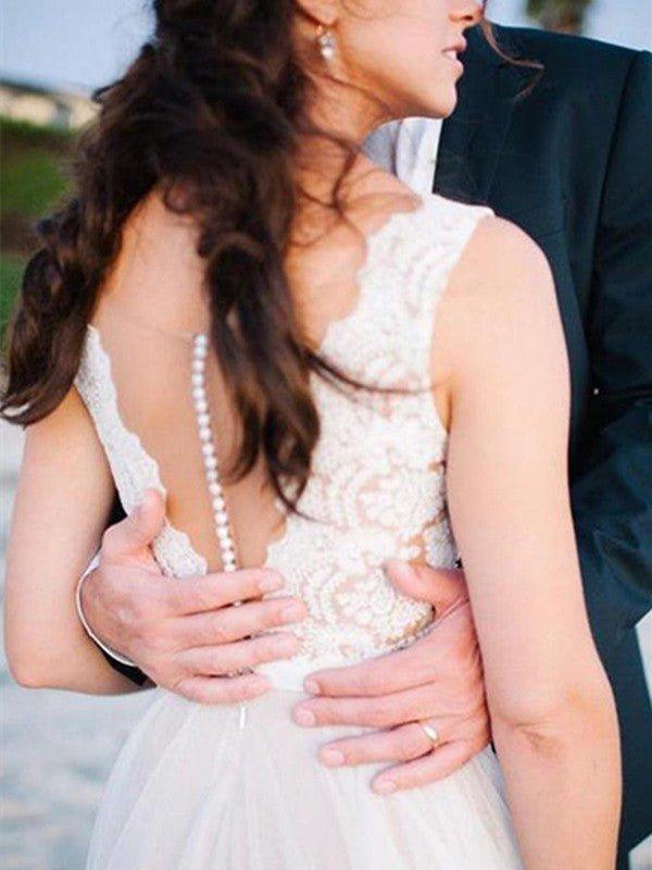 NumberSea - A - Line/Princess Scoop Sweep/Brush Train Sleeveless Lace Tulle Wedding Dresses