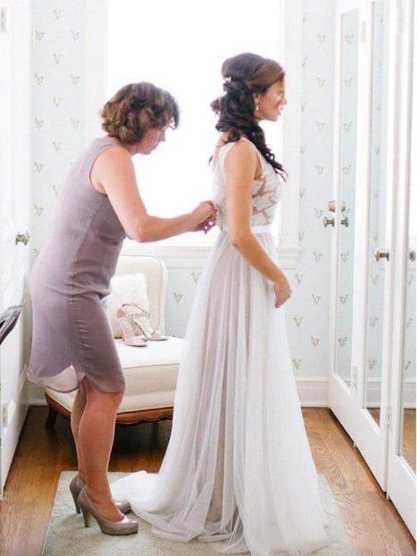 NumberSea - A - Line/Princess Scoop Sweep/Brush Train Sleeveless Lace Tulle Wedding Dresses