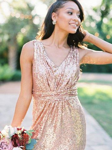 NumberSea - A - Line/Princess Sequins V - neck Floor - Length Ruffles Sleeveless Bridesmaid Dresses