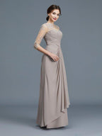 NumberSea - A - Line/Princess Sheer Neck 3/4 Sleeves Ruffles Chiffon Floor - Length Mother of the Bride Dresses