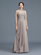 NumberSea - A - Line/Princess Sheer Neck 3/4 Sleeves Ruffles Chiffon Floor - Length Mother of the Bride Dresses