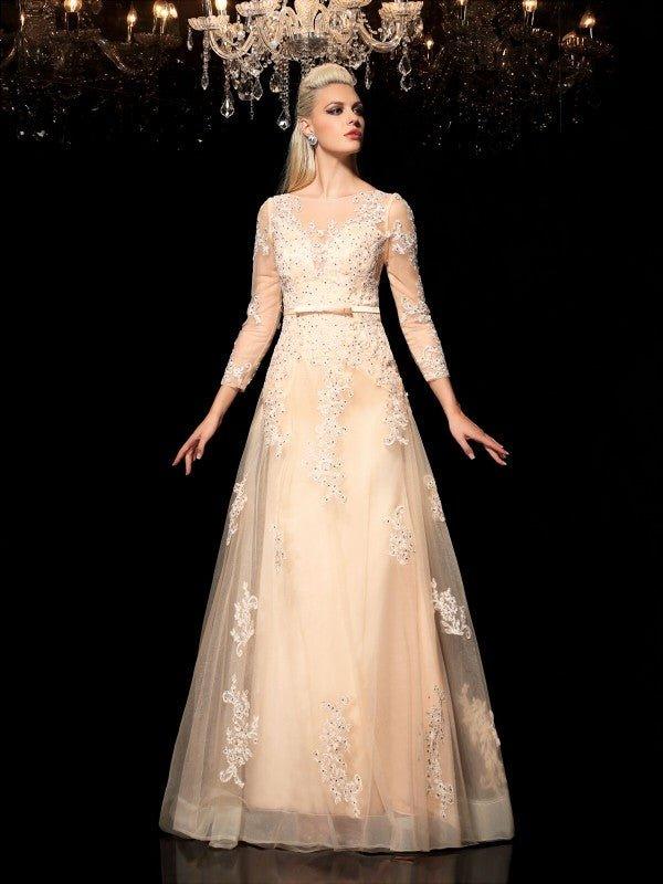 NumberSea - A - Line/Princess Sheer Neck Applique Long Sleeves Long Satin Dresses