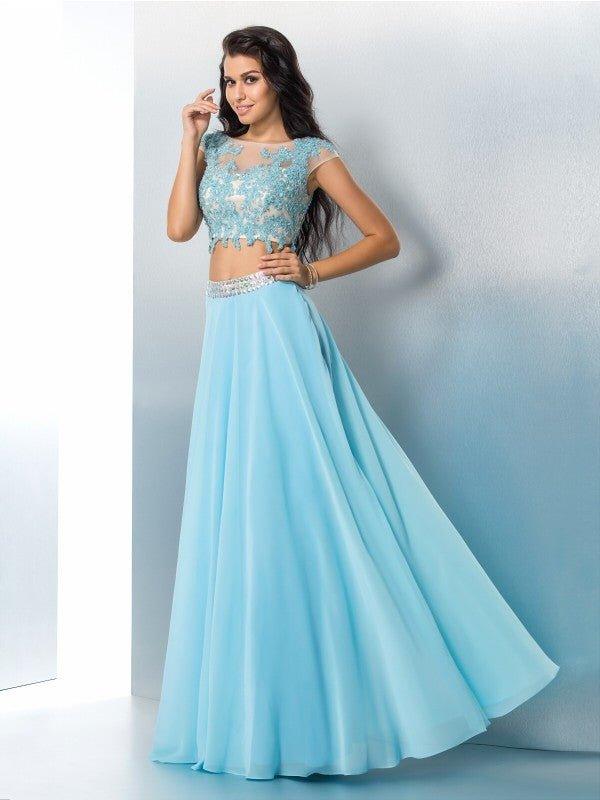 NumberSea - A - Line/Princess Sheer Neck Applique Short Sleeves Long Chiffon Two Piece Dresses