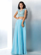 NumberSea - A - Line/Princess Sheer Neck Applique Short Sleeves Long Chiffon Two Piece Dresses