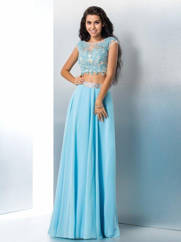 NumberSea - A - Line/Princess Sheer Neck Applique Short Sleeves Long Chiffon Two Piece Dresses