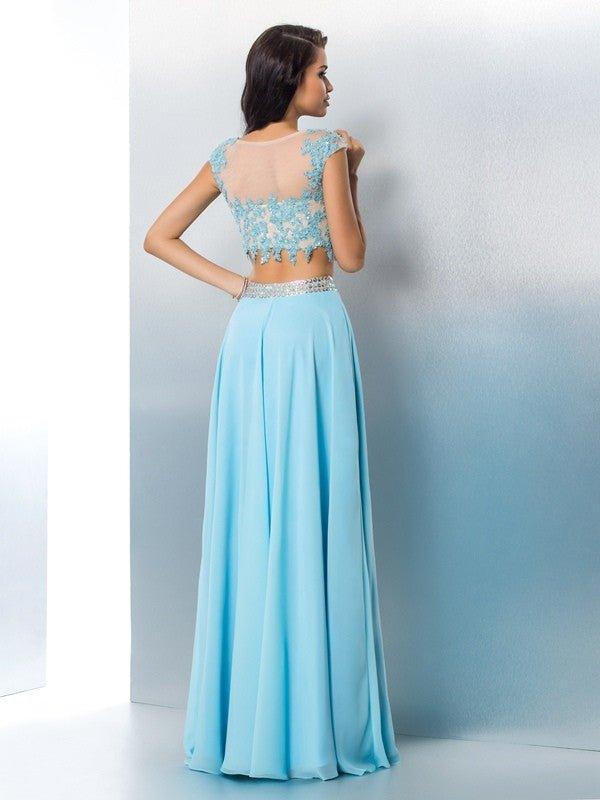 NumberSea - A - Line/Princess Sheer Neck Applique Short Sleeves Long Chiffon Two Piece Dresses