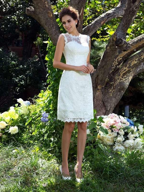 NumberSea - A - Line/Princess Sheer Neck Applique Sleeveless Short Satin Wedding Dresses