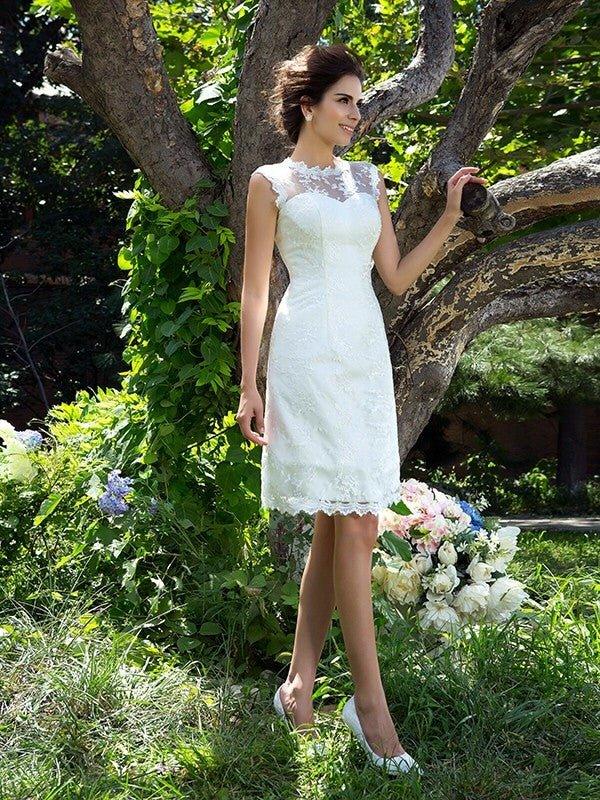 NumberSea - A - Line/Princess Sheer Neck Applique Sleeveless Short Satin Wedding Dresses