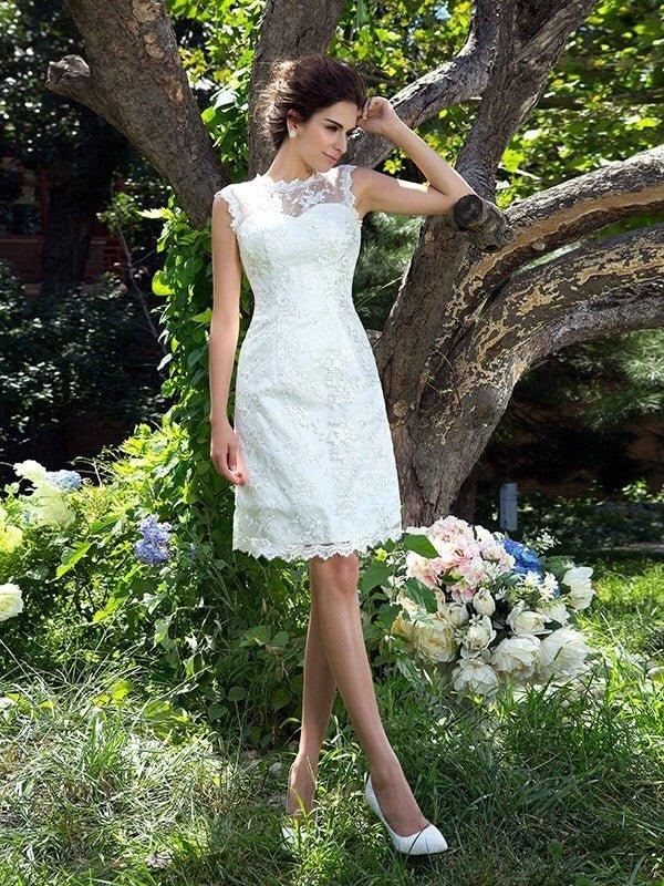 NumberSea - A - Line/Princess Sheer Neck Applique Sleeveless Short Satin Wedding Dresses