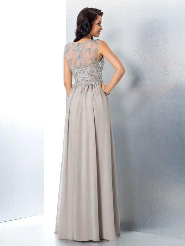 NumberSea - A - Line/Princess Sheer Neck Beading Sleeveless Long Chiffon Dresses