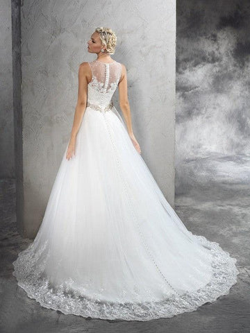 NumberSea - A - Line/Princess Sheer Neck Beading Sleeveless Long Net Wedding Dresses