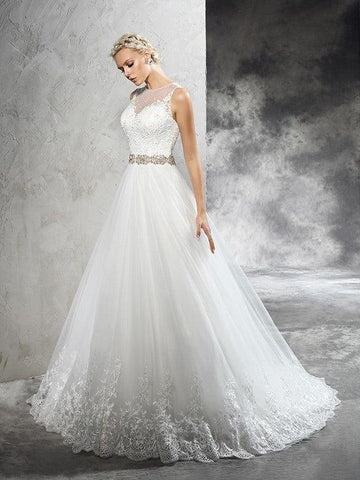NumberSea - A - Line/Princess Sheer Neck Beading Sleeveless Long Net Wedding Dresses