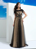 NumberSea - A - Line/Princess Sheer Neck Paillette Short Sleeves Long Net Dresses