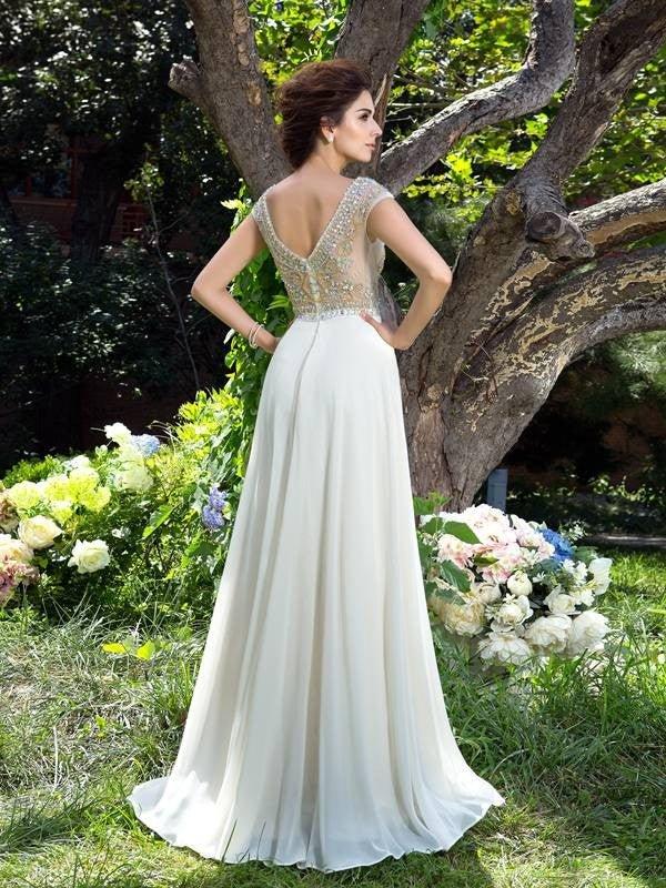 NumberSea - A - Line/Princess Sheer Neck Rhinestone Short Sleeves Long Chiffon Dresses #