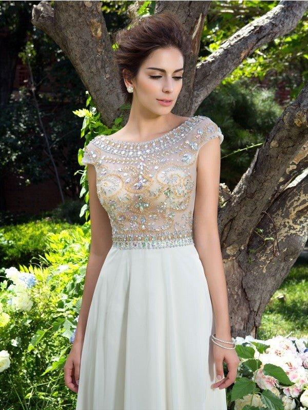 NumberSea - A - Line/Princess Sheer Neck Rhinestone Short Sleeves Long Chiffon Dresses #