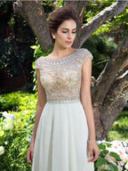 NumberSea - A - Line/Princess Sheer Neck Rhinestone Short Sleeves Long Chiffon Dresses #