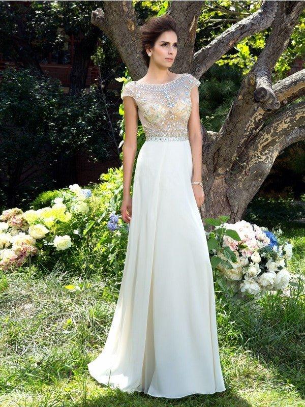 NumberSea - A - Line/Princess Sheer Neck Rhinestone Short Sleeves Long Chiffon Dresses #