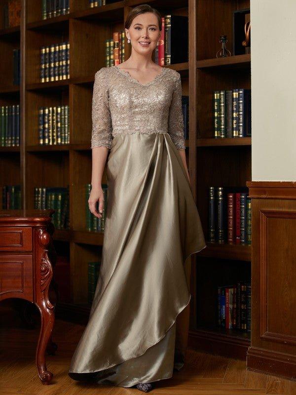 NumberSea - A - Line/Princess Silk Like Satin Lace V - neck 3/4 Sleeves Sweep/Brush Train Mother of the Bride Dresses