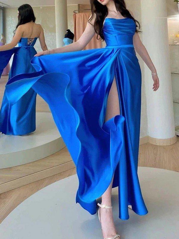 NumberSea - A - Line/Princess Silk like Satin Ruched Strapless Sleeveless Floor - Length Dresses