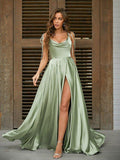 NumberSea - A - Line/Princess Silk like Satin Ruffles Spaghetti Straps Sleeveless Sweep/Brush Train Dresses