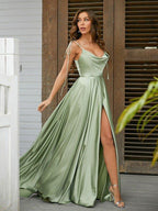 NumberSea - A - Line/Princess Silk like Satin Ruffles Spaghetti Straps Sleeveless Sweep/Brush Train Dresses