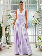 NumberSea - A - Line/Princess Silk like Satin Ruffles V - neck Sleeveless Floor - Length Bridesmaid Dresses