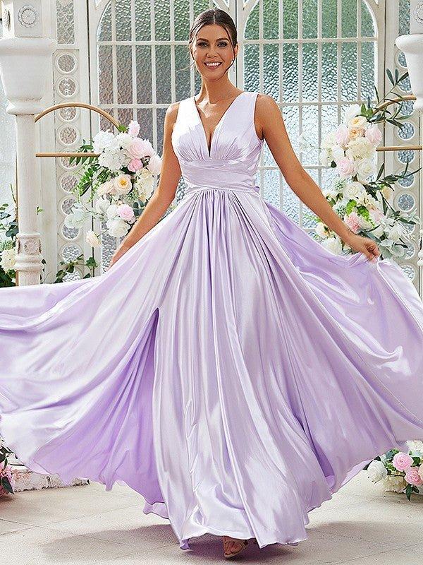 NumberSea-A-Line/Princess Silk Like Satin Ruffles V-Neck Sleeveless Floor-Length Bridesmaid Dresses NumberSea-A-Line/Princess Silk Like Satin Ruffles V-Neck Sleeveless Floor-Length Bridesmaid Dresses