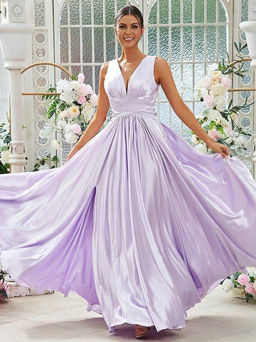 NumberSea - A - Line/Princess Silk like Satin Ruffles V - neck Sleeveless Floor - Length Bridesmaid Dresses
