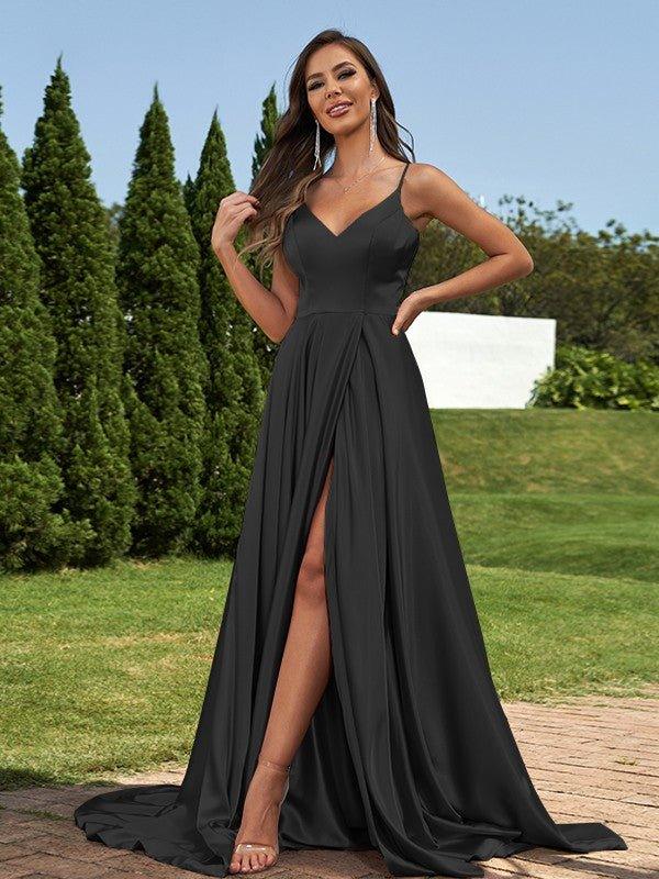 NumberSea-A-Line/Princess Silk like Satin Ruffles V-Neck Sleeveless Sweep/Brush Train Bridesmaid Dresses NumberSea-A-Line/Princess Silk like Satin Ruffles V-Neck Sleeveless Sweep/Brush Train Bridesmaid Dresses