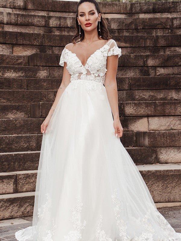 NumberSea - A - Line/Princess Sleeveless Applique V - neck Tulle Sweep/Brush Train Wedding Dresses