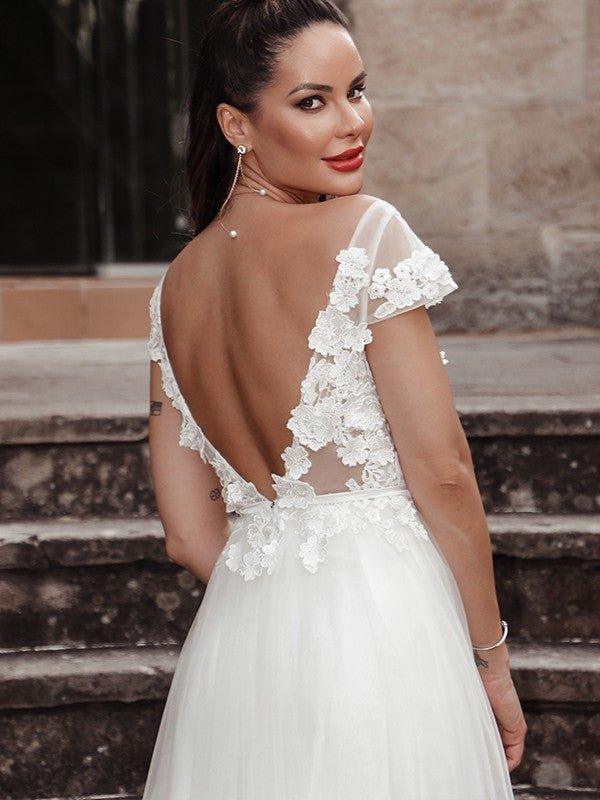 NumberSea - A - Line/Princess Sleeveless Applique V - neck Tulle Sweep/Brush Train Wedding Dresses