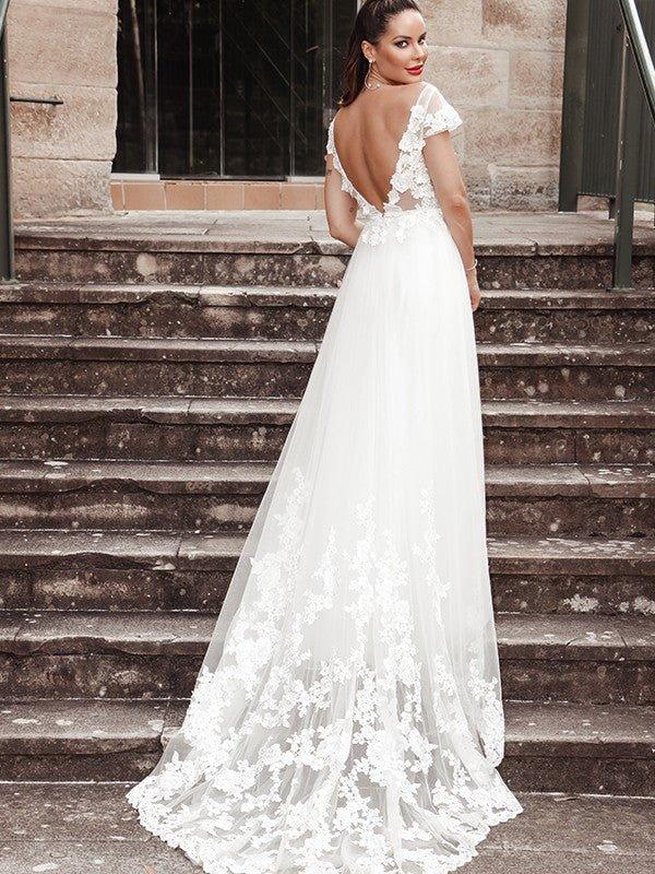 NumberSea - A - Line/Princess Sleeveless Applique V - neck Tulle Sweep/Brush Train Wedding Dresses