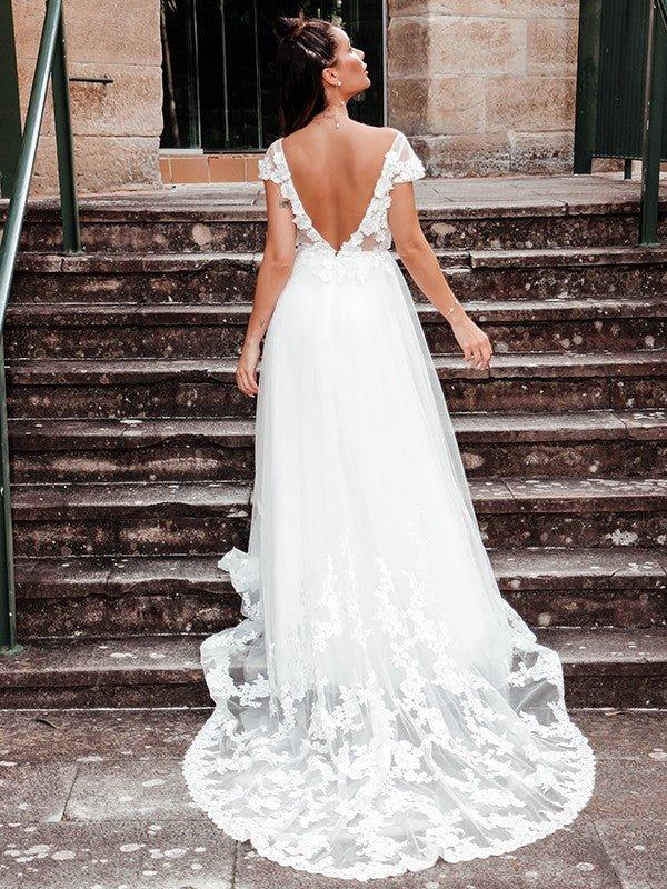 NumberSea - A - Line/Princess Sleeveless Applique V - neck Tulle Sweep/Brush Train Wedding Dresses