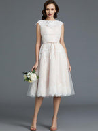 NumberSea - A - Line/Princess Sleeveless Bateau Knee - Length Tulle Wedding Dresses