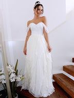 NumberSea - A - Line/Princess Sleeveless Off - the - Shoulder Ruched Chiffon Floor - Length Wedding Dresses