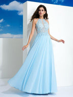 NumberSea - A - Line/Princess Spaghetti Straps Applique Sleeveless Long Chiffon Dresses