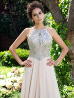 NumberSea - A - Line/Princess Spaghetti Straps Beading Sleeveless Long Chiffon Dresses