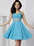 NumberSea - A - Line/Princess Spaghetti Straps Sleeveless Rhinestone Short Chiffon Homecoming Dresses