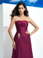 NumberSea - A - Line/Princess Strapless Pleats Sleeveless Long Satin Chiffon Dresses