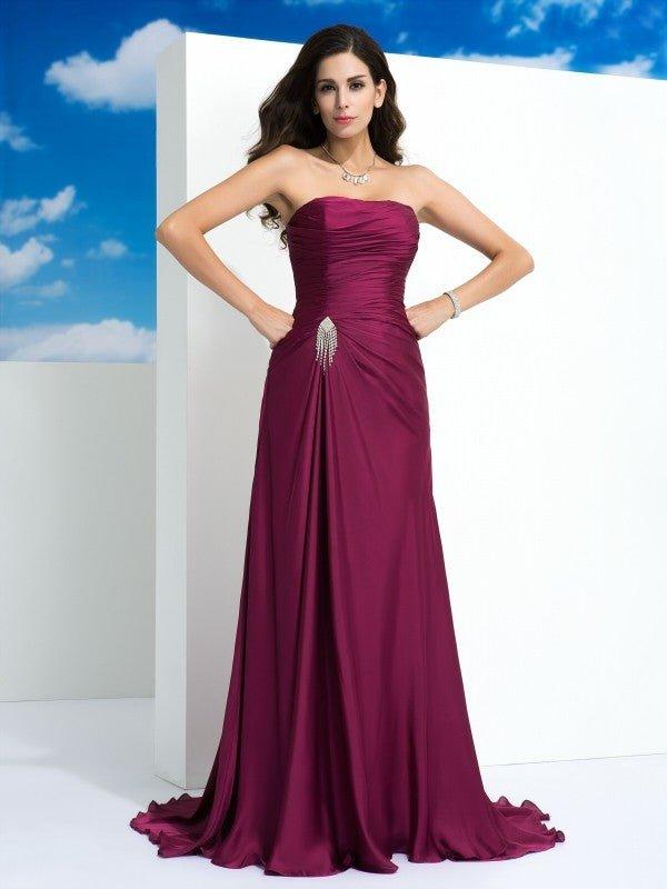 NumberSea - A - Line/Princess Strapless Pleats Sleeveless Long Satin Chiffon Dresses
