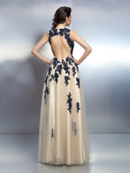 NumberSea - A - Line/Princess Straps Applique Sleeveless Long Elastic Woven Satin Dresses