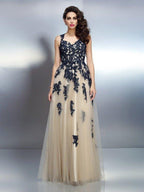 NumberSea - A - Line/Princess Straps Applique Sleeveless Long Elastic Woven Satin Dresses