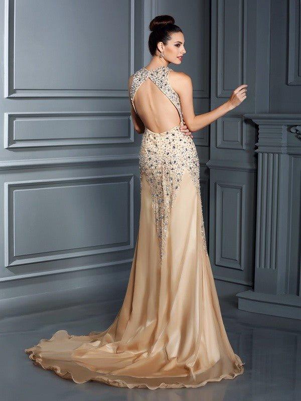 NumberSea - A - Line/Princess Straps Beading Sleeveless Long Chiffon Dresses