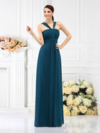 NumberSea - A - Line/Princess Straps Pleats Sleeveless Long Chiffon Bridesmaid Dresses