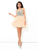 NumberSea - A - Line/Princess Straps Rhinestone Sleeveless Short Chiffon Cocktail Dresses